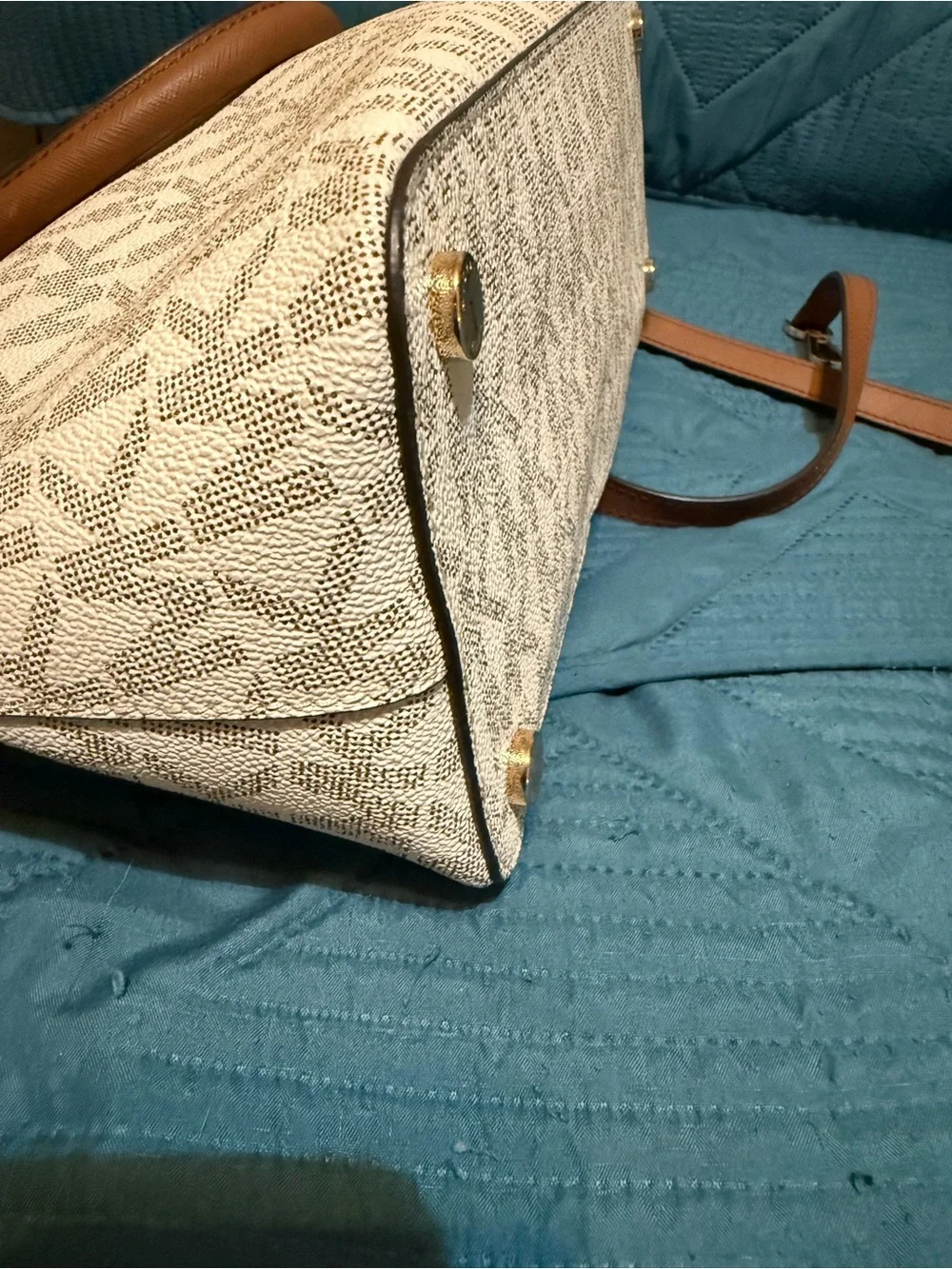 Michael Kors Cream and Brown MK Signature Dome Satchel with Removable Strap